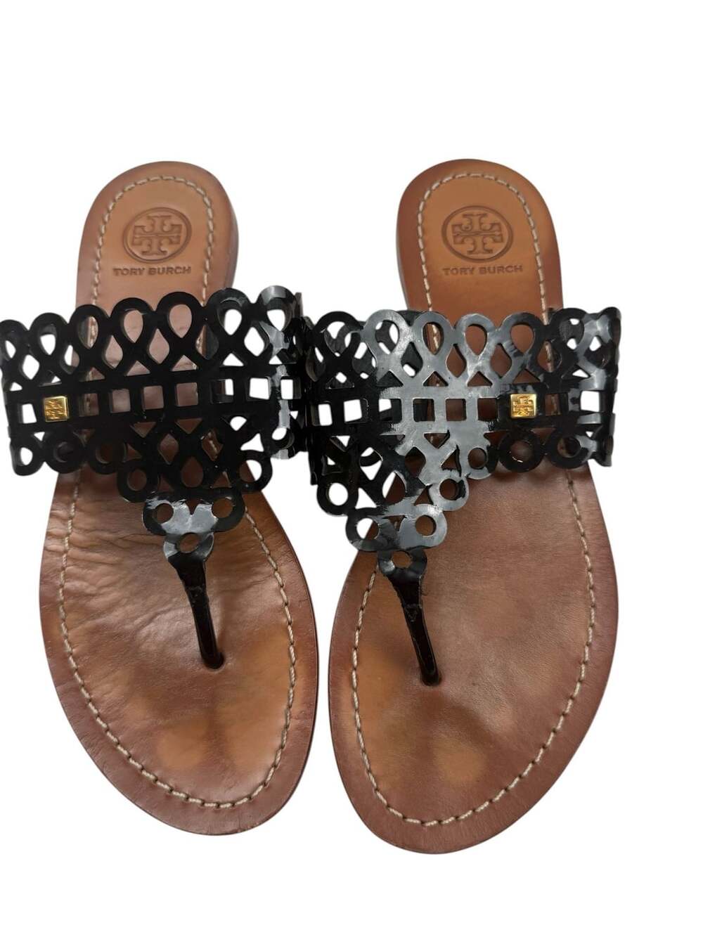 Tory Burch Black Patent Leather Davy Cutout Thong Sandals